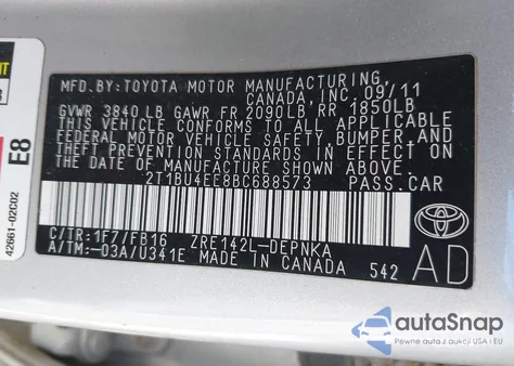 2011 Toyota Corolla Le from USA, damaged, VIN 2T1BU4EE8BC688573